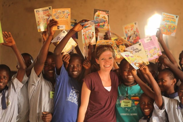 Erin Van Tuinen with the thrilled Sanga school students